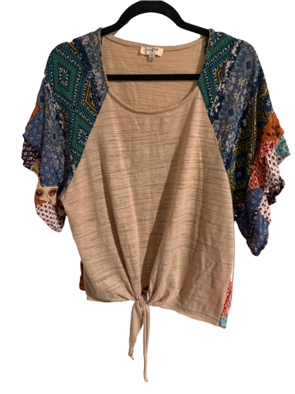 Umgee Boho Patchwork Short Sleeve Top with Tie Front – Size Small